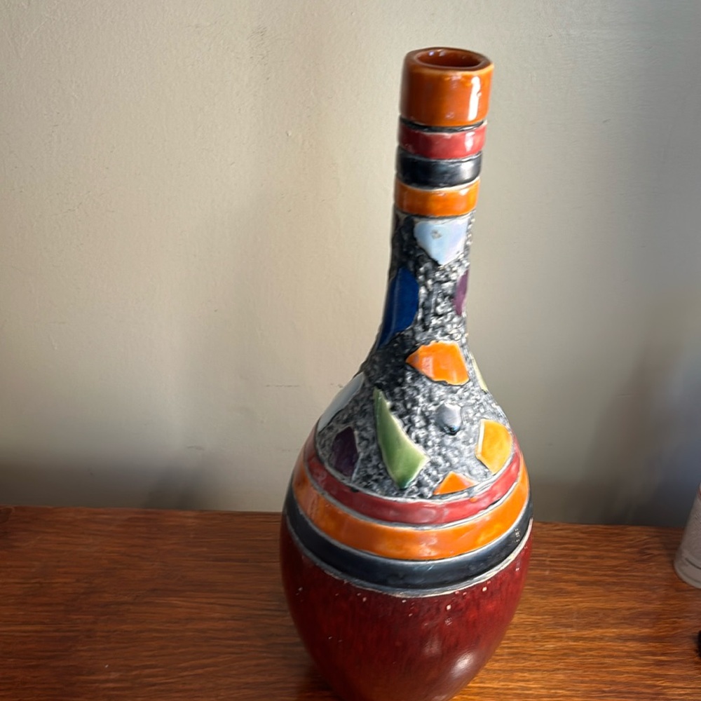 Mosaic Mid Century Red Green Blue Black Abstract Vintage Vase. 16.75” Tall